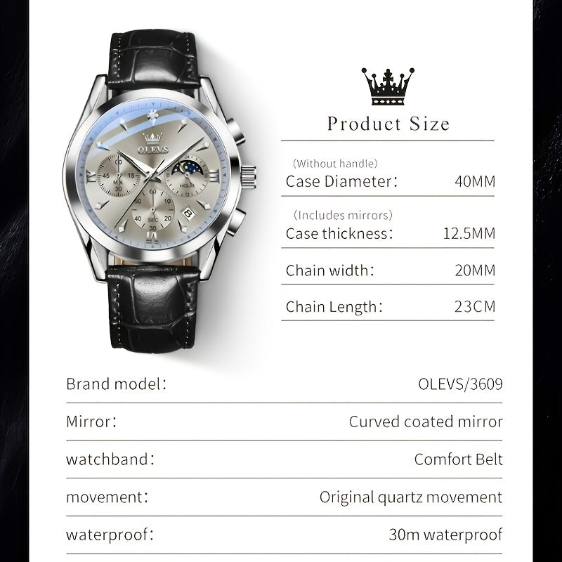 OLEVS Men'S Watches - Stylish Casual Analog Quartz with Faux Leather, Waterproof, 6-Hand Multifunction Chronograph, Luminous Business Date, Moon Phase, Gray/Black Dial Wristwatch for Men