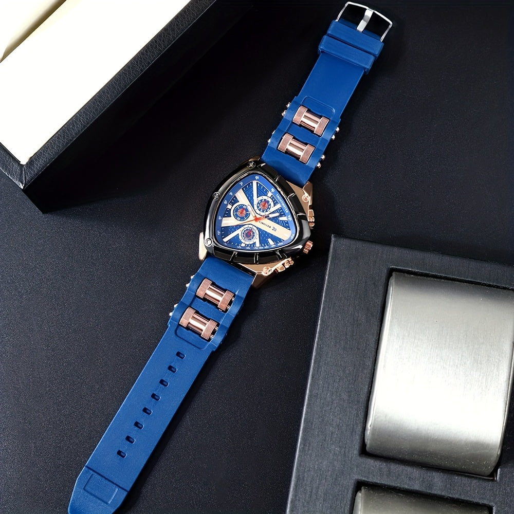 3pcs/set Fashion Quartz Watches For Men, Silicone Strap And Date Display Men Watches, Classic Triangular Dial Design Mens Watch For Casual And Sporty Wear Suitable For Any Occasion, Ideal Choice For Gifts Wrist Watch Reloj Para Hombre.