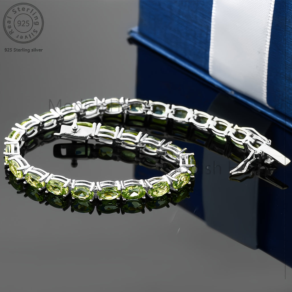 Green Peridot Women's Tennis Bracelet, 925 Silver, Delicate and Elegant in Niche Colors, Women's Jewelry. Suitable for Daily Party Wear. Birthday, Mother's Day Valentine's Day Gift, Date Accessories, Party Jewelry, Total Product Weight (4.85g)
