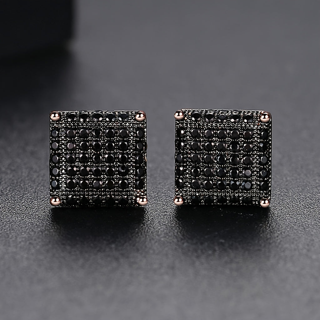 Classic Black Hip Hop Square Stud Earrings For Men, Copper Inlaid Sparkling Cubic Synthetic Zircon Jewelry, Iced Out Streetwear Earpins, Cool Gift For Him