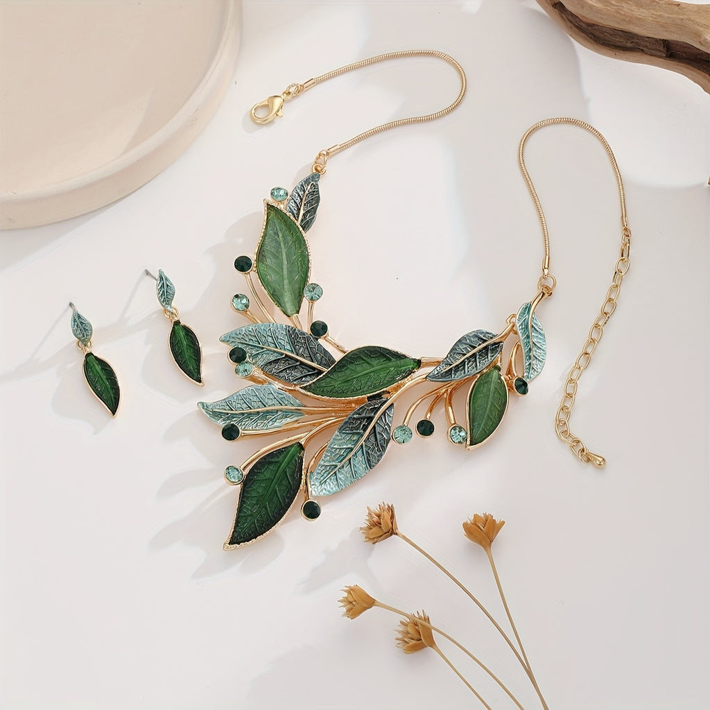 Vintage Chunky Statement Jewelry Set - 18k Golden Plated Retro Spring Green Leaf Floral Bohemian Boho Bib Necklace Earring Set Fashion Jewelry For Women Wedding Party Prom Unique Gift Band Box Christmas Thanksgiving
