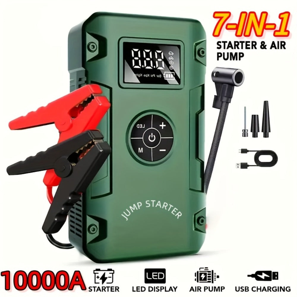 10000A 7-in-1 Multi-Function Emergency Jump Starter with Air Pump, 150PSL Car Battery Booster, Tire Inflator, Portable Vehicle Battery Charger, Suitable for 2.64-Gallon Gasoline or 2.38-Gallon Diesel Batteries, LED Emergency Light