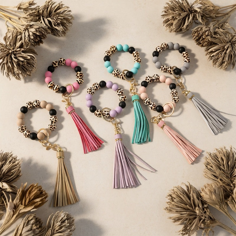 6pcs/set Leopard Print Wooden Bead String Wrist Key Ring Tassel Silicone Bead String Keychain Gift for Mom, Gift for Friends, Perfect Holiday Gift