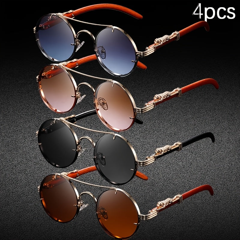 4pcs Punk Rock Metal Round Glasses with Leopard Print Hinges And Fashionable Tortoiseshell Accents - Retro Round Frame, PC Lenses, Perfect for Birthdays, Photography Props And Casual Wear, Punk Additions