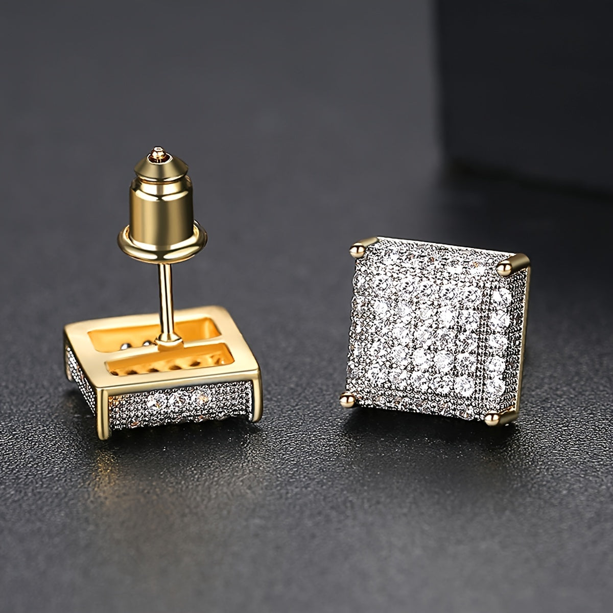 Classic Black Hip Hop Square Stud Earrings For Men, Copper Inlaid Sparkling Cubic Synthetic Zircon Jewelry, Iced Out Streetwear Earpins, Cool Gift For Him