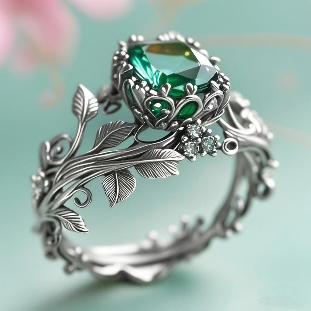 S925 Silver Ring with New Leaf Totem, a Creatively Designed Vintage Ring Featuring Inlaid Moissanite, Perfect for Weddings And Engagements, Ideal As a Valentine'S Day Present, And Suitable for Daily Wear at Parties And Banquets