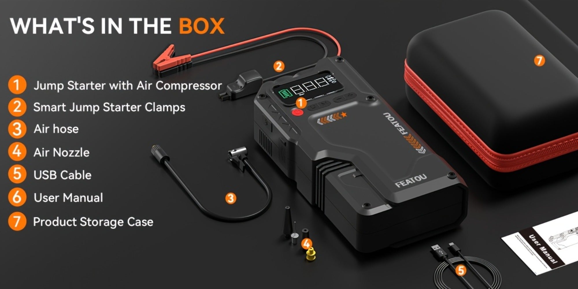 Jump Starter with Air Compressor, Portable Car Jump Starter, 5000A&7000APeak, Jump Starter Battery Pack With150PSI Digital Tire Inflator, Car Battery Jump Starter for 10.L Gas Or 2.38gal Diesel Fast Charging USB Output, LED Emergency Lighting