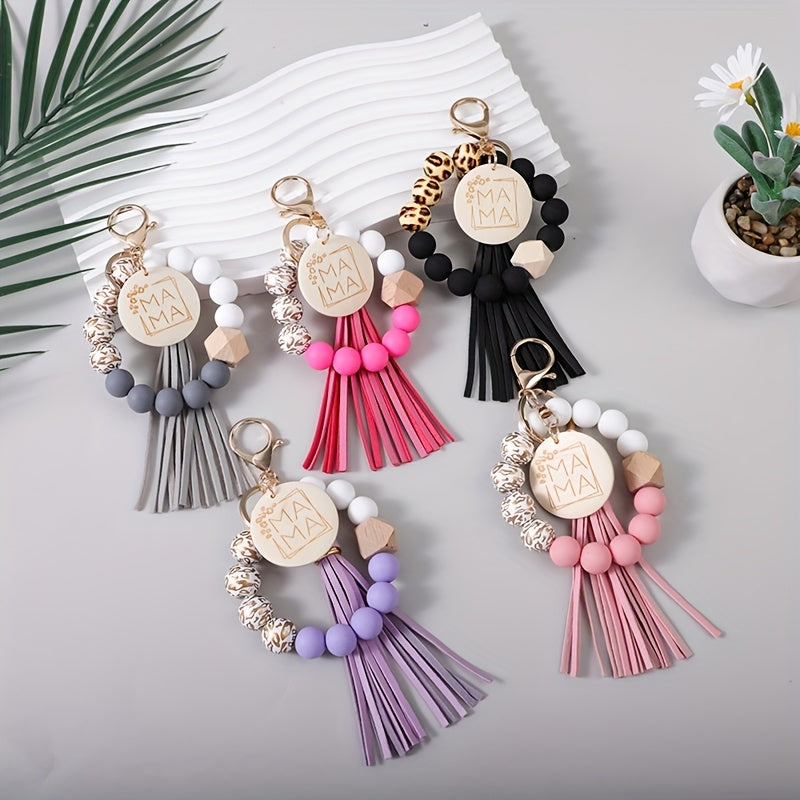 5pcs Set Of Leopard Print Wooden Beads MAMA Wooden Charm Bead Wrist Key Ring PU Tassel Round Wooden Pendant Keychain Gift for Mom, Mother's Day Gift, Holiday Gift