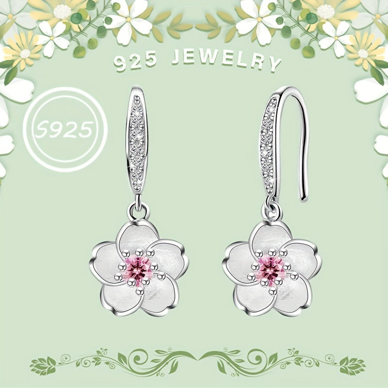 925 Silver Exquisite Peach Blossom Pendant Earrings Pink Synthetic Zirconia Flower Pendant Earrings Romantic Cherry Blossom Small Fresh Earrings Women's Jewelry, Suitable for Daily Wear and Special Occasions