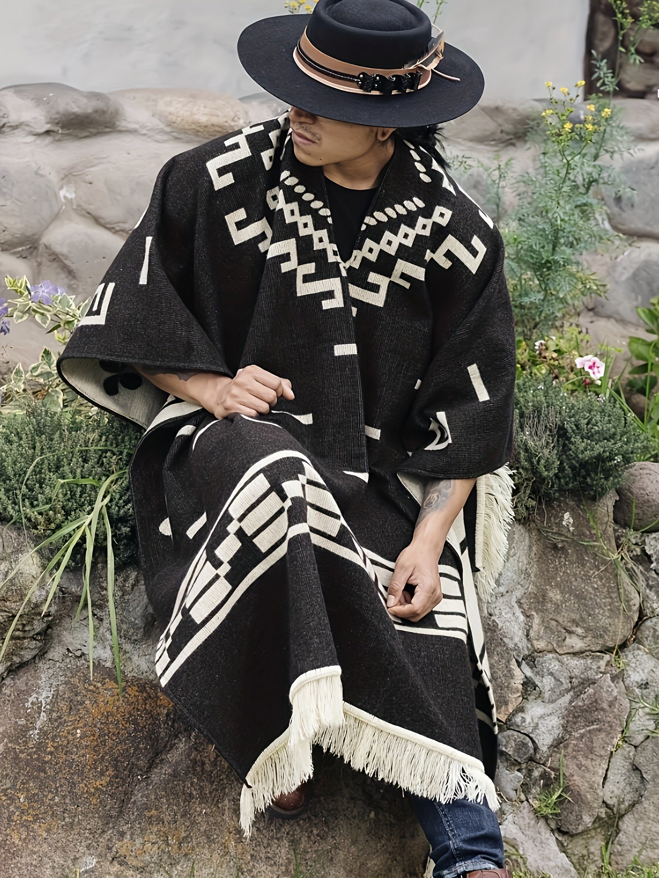 Men's Vintage-Style Warm Poncho - Geometric Pattern, Tassel Detail, Cozy Acrylic Shawl for Outdoor Adventures