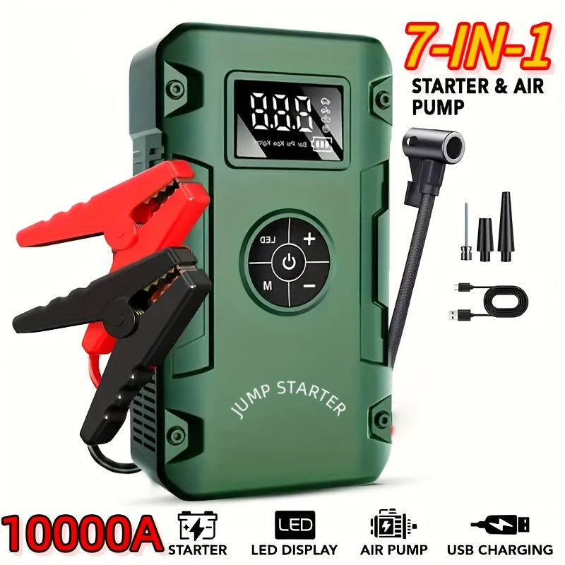 10000A 7-in-1 Multi-Function Emergency Jump Starter with Air Pump, 150PSL Car Battery Booster, Tire Inflator, Portable Vehicle Battery Charger, Suitable for 2.64-Gallon Gasoline or 2.38-Gallon Diesel Batteries, LED Emergency Light