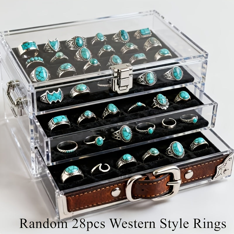 [Holiday Parties, Festive Gifts] Random Selection of 28 Vintage Bohemian Ring Sets, Turquoise Ring Sets, Stackable Ring Sets Featuring Geometric Heart And Butterfly Designs. Suitable for Ladies' Everyday Wear, Holiday Parties, And Festive Gifts