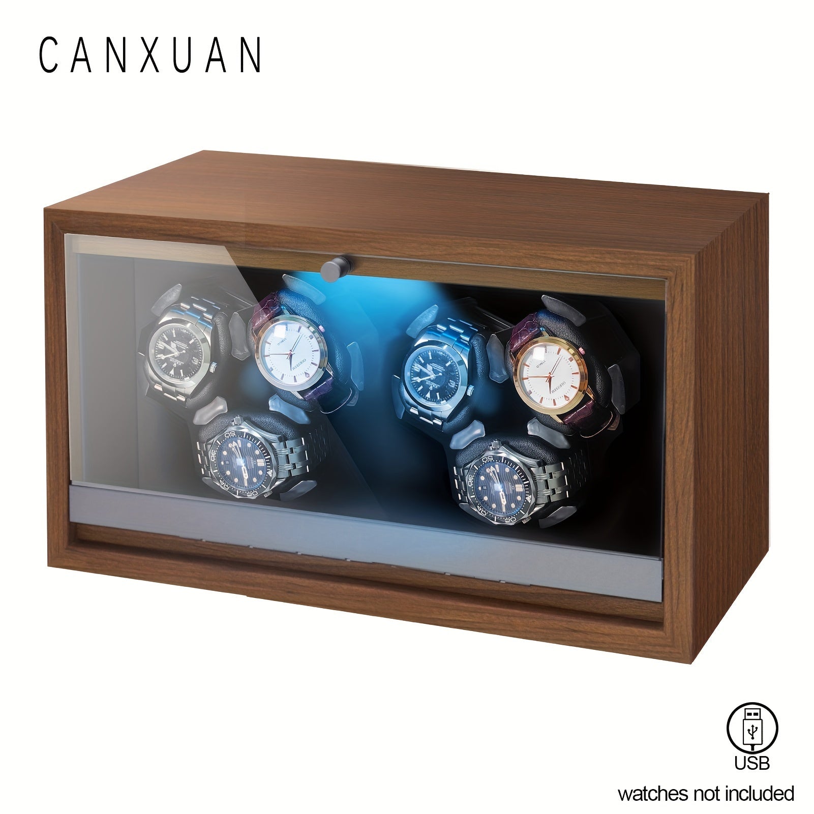 1pc 3/6 Slots Automatic Watch Winder, Wood Grain Pattern Transparent Cover And LED Light Winder Suitable For Men'S And Women'S Watches, USB Cable Watch Winder, Without Battery