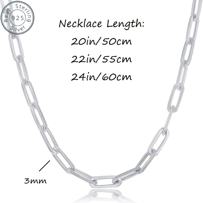 925 Sterling Silver Paperclip Chain Necklace for Women & Men - 3mm Thick, 20/ 22/ 24 Inch, Bohemian Style, Synthetic Stone, Perfect for Daily Wear or Gifting, Gift Box Included, Everyday Jewelry|Bohemian Style|Durable Chain, Necklace for