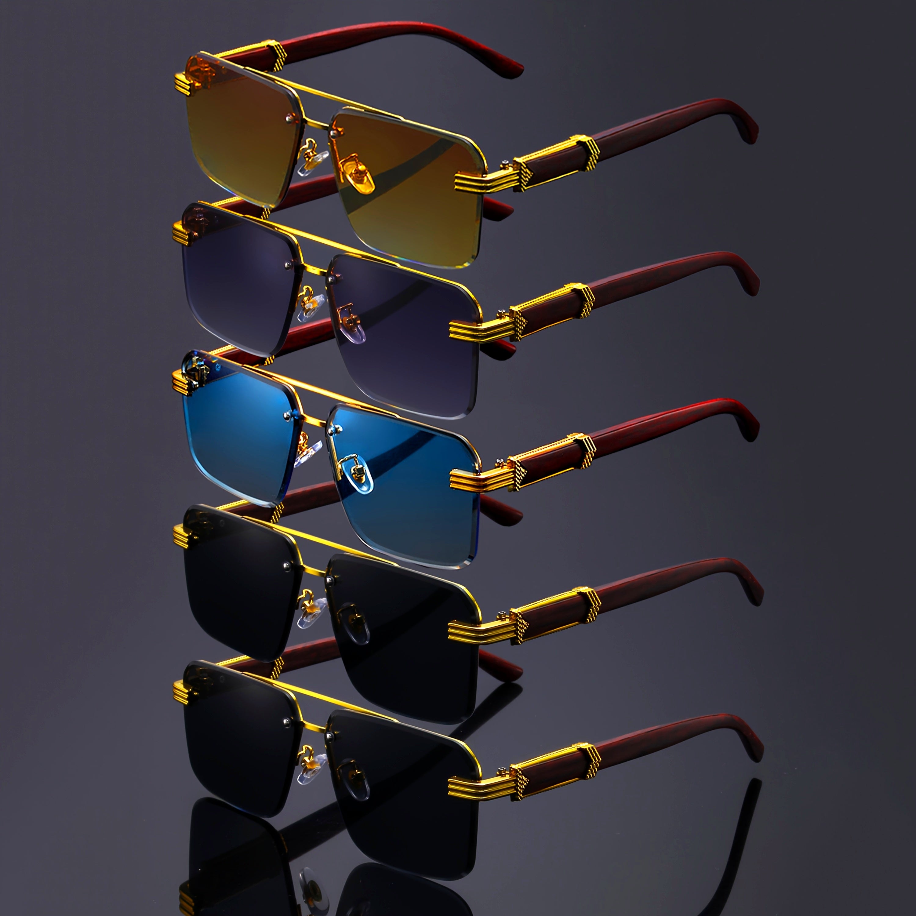 5 Pack  Double Bridge Rimless Glasses - Unisex Wooden Temple Lightweight Polycarbonate, Stylish Statement Eyewear for Parties & Fashion Lovers