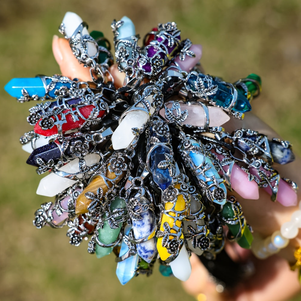 20pcs Natural Stone Hexagonal Column Shaped Wrapped Flowers Pendants Necklace Set, 10pcs Hexagonal Column with 10pcs Rope for DIY Necklace Jewelry Craft Making, Leisure Accessories &