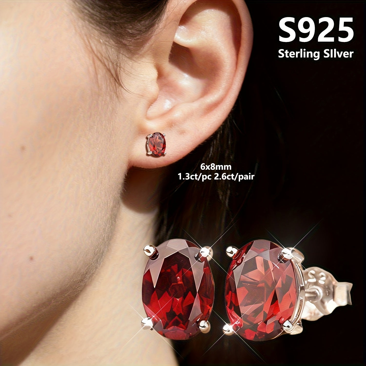 Natural Garnet S925 Silver Stud Earrings, Hypoallergenic, Lightweight, and Durable, Sexy and Elegant Ear Accessories, January Birthstone