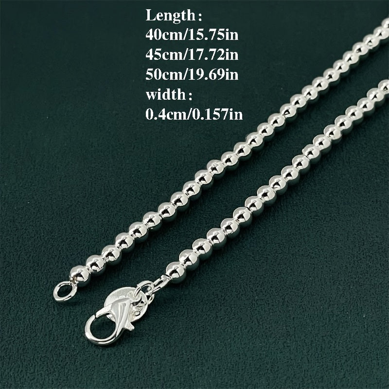 [Elegant Silver Necklace] 1pc Elegant 925 Sterling Silver Beaded Necklace, Adjustable 16-20 Inches, Chic Round Bead Chain, Fashionable Jewelry Accessory