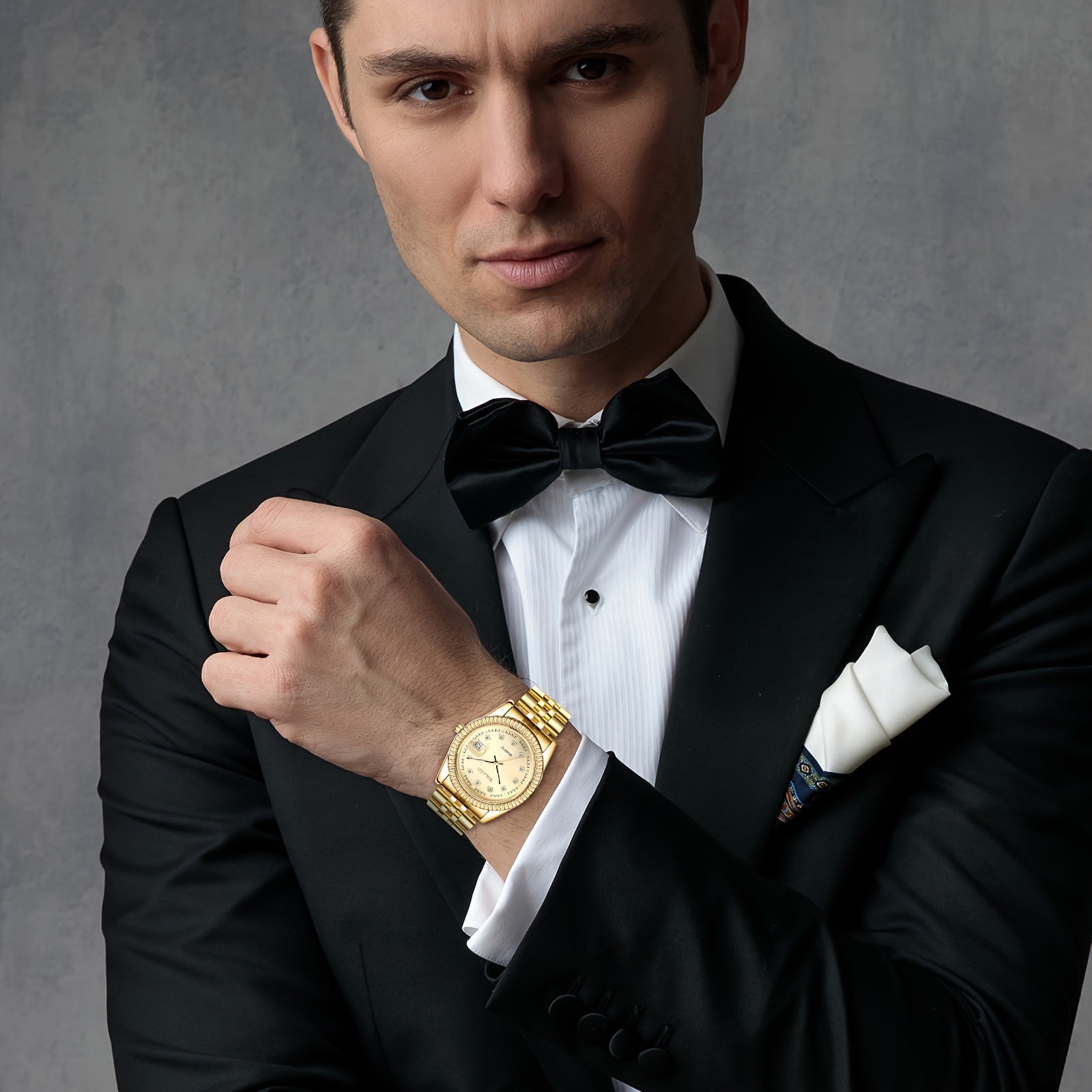 Jewelrywe Mens Golden Tone Quartz Watch: Business Analog Rhinsetone Date Luminous Hands Stainless Steel Removable Strap Casual Wrist Watch Valentine's Day Gift