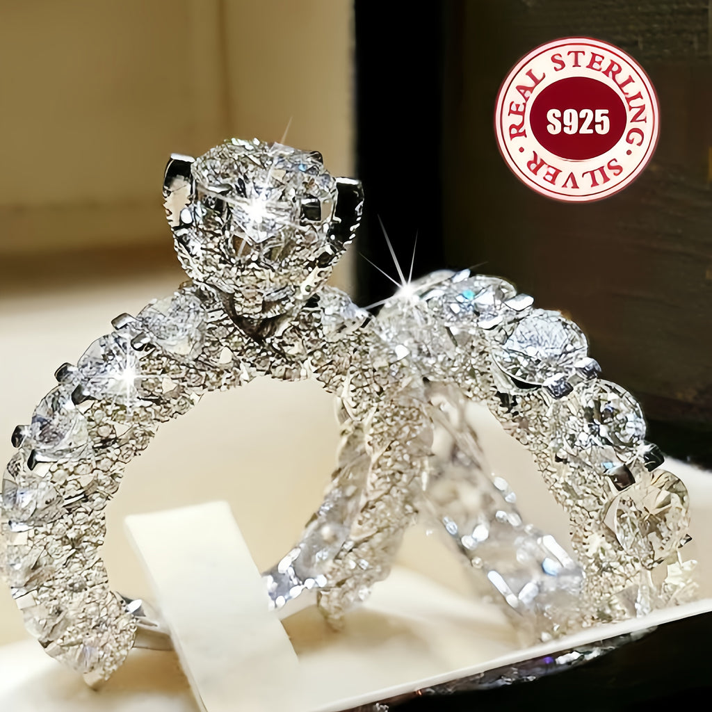 [Party, Banquet, Birthday Gift] Elegant S925 Sterling Silver Two-Piece Ring Set, Elegant Ladies' Ring Set, 5A Zirconia Ring, Ladies' Luxury Ring - Fashionable Ladies' Engagement Ring, Party, Banquet, Birthday Gift, Christmas Gift, Perfect Gift for Girlfri