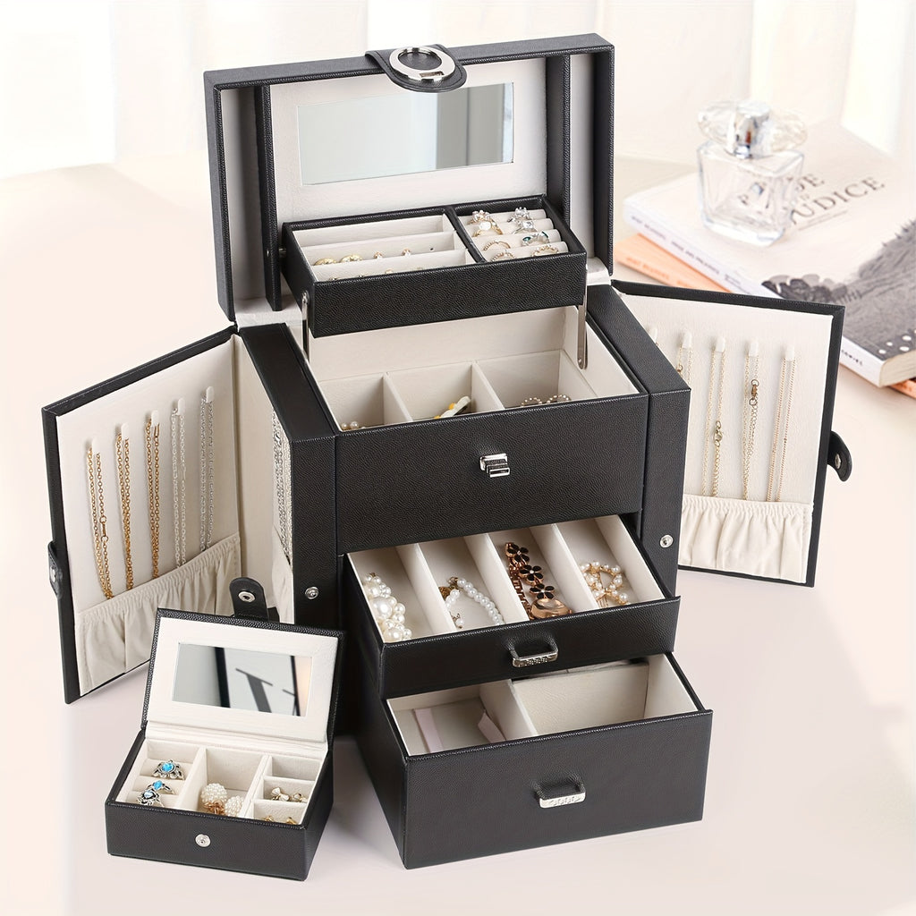 Women's Jewelry Box, Faux Leather Jewelry Storage Box with 2 Drawers and Mirror, Portable Travel Necklace, Ring Storage Box, Black