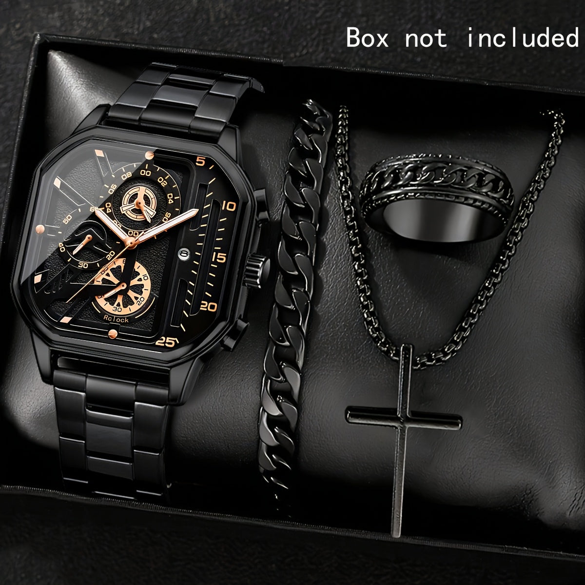 4pcs Men's Vintage Sports Watch Set - Large Square Dial, Necklace, Bracelet, Ring, Quartz Movement, Calendar Function, Non-Waterproof Case, Battery-Powered Electronic Driver, Ideal Gift for Him