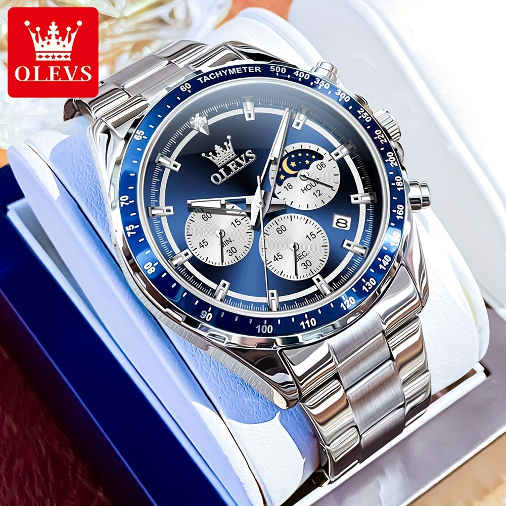 OLEVS Men's Luxury Watch Luminous Easy Read Chronograph Watches Moon Phase Quartz Male Watch Wrist Watch Big Face with Calendar Wristwatch Relojes De Hombre