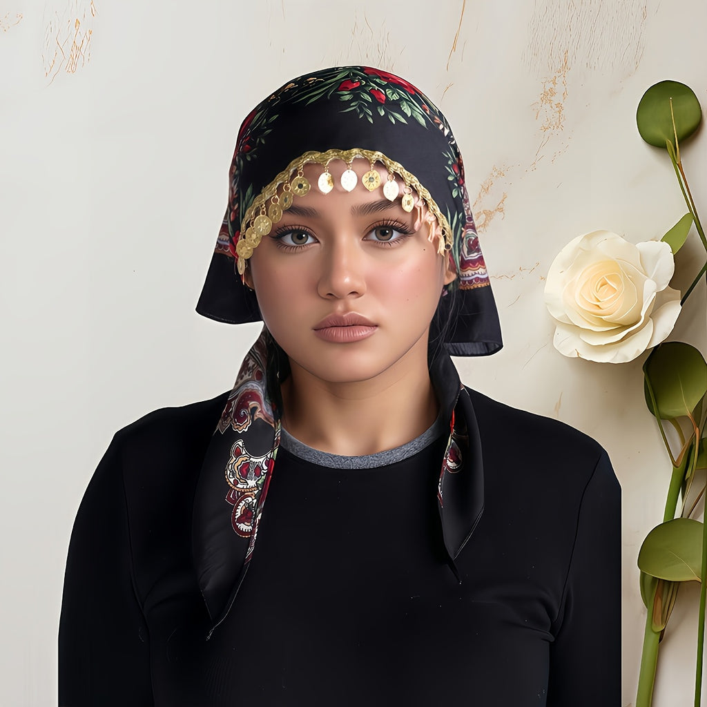 Elegant Golden Chain Headscarf - Breathable Lightweight 100% Polyester Shawl with Intricate Floral Print, Adjustable Closure for Ramadan & Special Occasions, Multi-Color Traditional Headgear