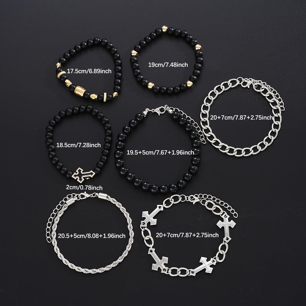 7pcs Casual Fashion Men's Bracelet Set with Beaded Cross Rhinestones Chain, Perfect for Daily Wear, Dates, and Vacation Parties - Ideal Gift for Boyfriend Father