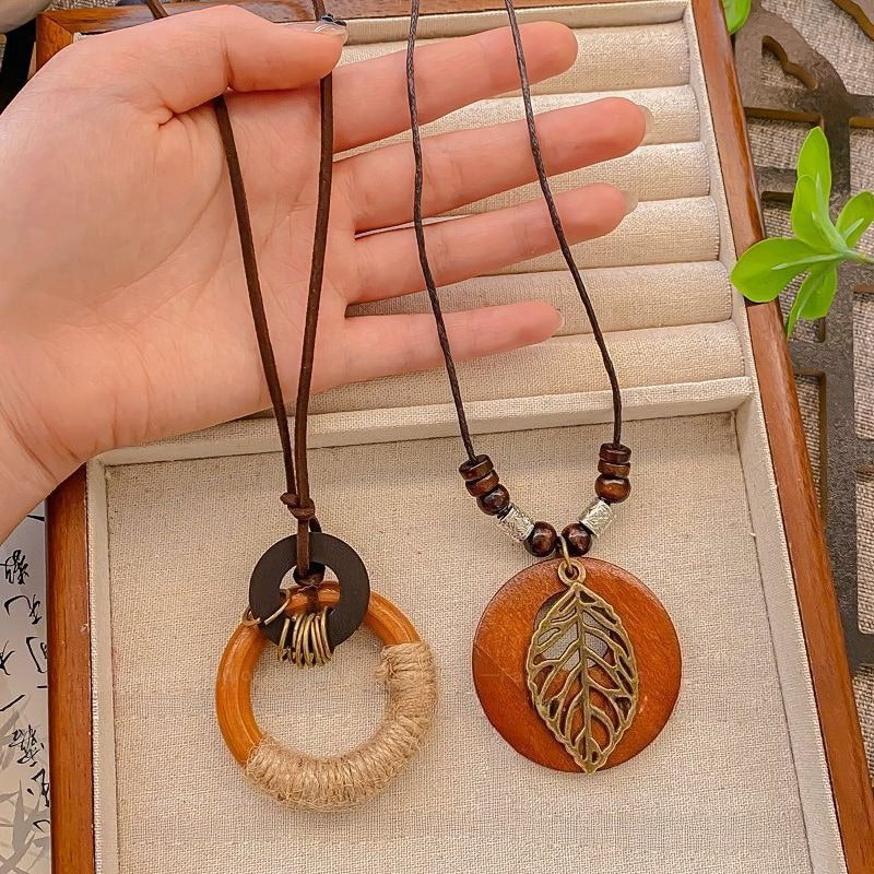 4pcs Bohemian Necklace Set for - Wood & Alloy Pendants with Butterfly, Leaf, Bead & Disc Charms - Multi-Color Bead Chains (Brown/Tortoiseshell) - Boho Gift Collection for Daily Wear, Parties & Vacations