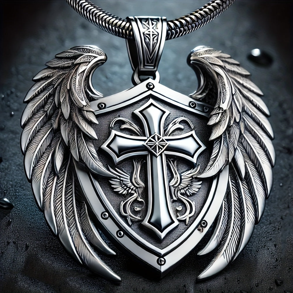316L Titanium 316L Stainless Steel High Detailed Angel Wings Cross Shield Pendant Men's Hip Hop Necklace Jewelry Gift