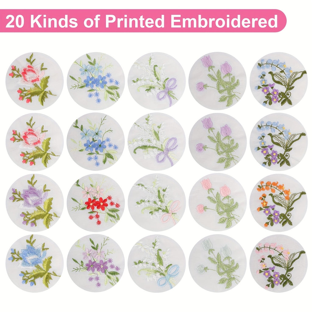 Set of 20 Floral-Embroidered Handkerchiefs for Ladies, Measuring 11 Inches, Made of Soft, Featuring Elegant White Lace Edges, Perfect As a Gift