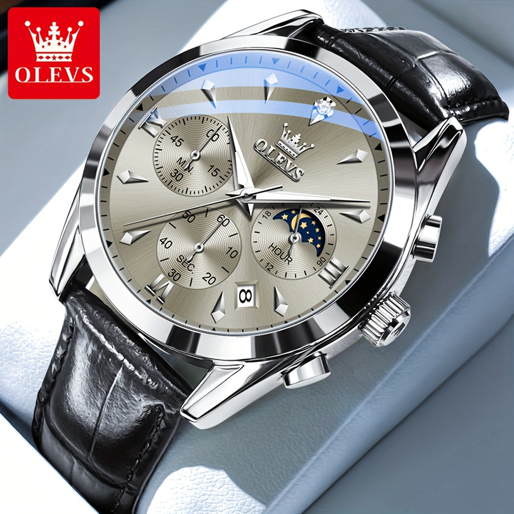 OLEVS Watches for Men Business Dress Analog Quartz Chronograph Casual Faux Leather Waterproof Moon Phase Luminous Date Luxury Mens Wrist Watches Reloj Para Hombre