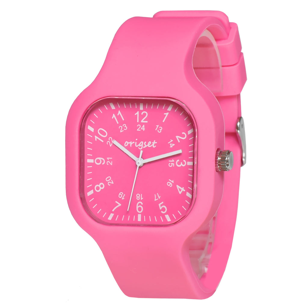 Origset Women Watch Ladies Hot Pink Square 24 Hour 3-Hand for Nurse Teachers Doctors Colorful 12 & 24 Hour with Second Hand, Easy to Read Time