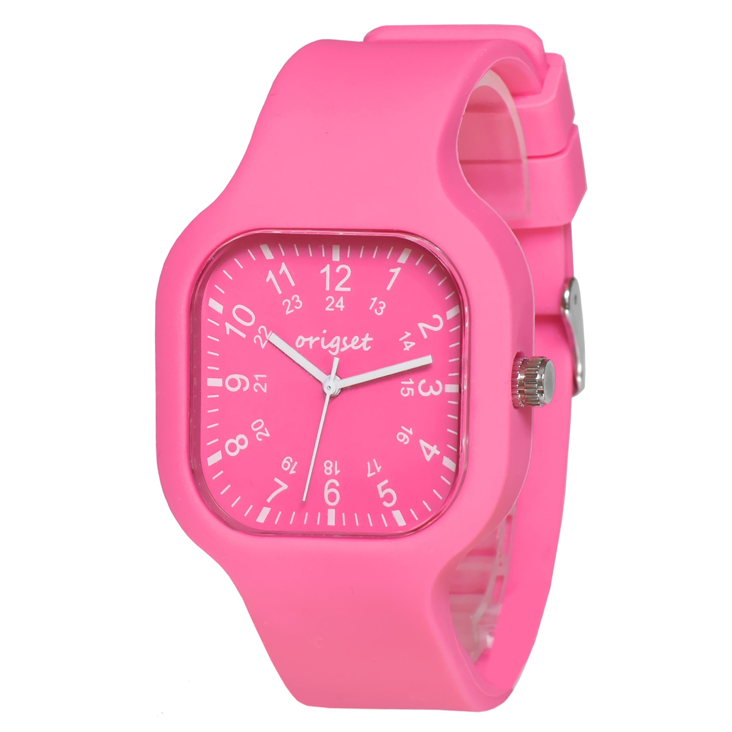 Origset Women Watch Ladies Hot Pink Square 24 Hour 3-Hand for Nurse Teachers Doctors Colorful 12 & 24 Hour with Second Hand, Easy to Read Time