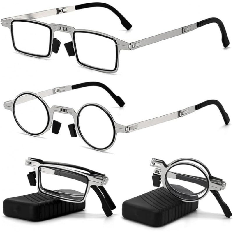 2pcs Portable Folding Blu-ray Shielded Eyewear, Round and Rectangle, Comfortable High Definition Stainless Steel Frame, Lightweight Pocket Eyewear Strap Case, Portable Eyewear | Fashion Frame Design | Stainless Steel Eyewear, Eyewear Case, Travel