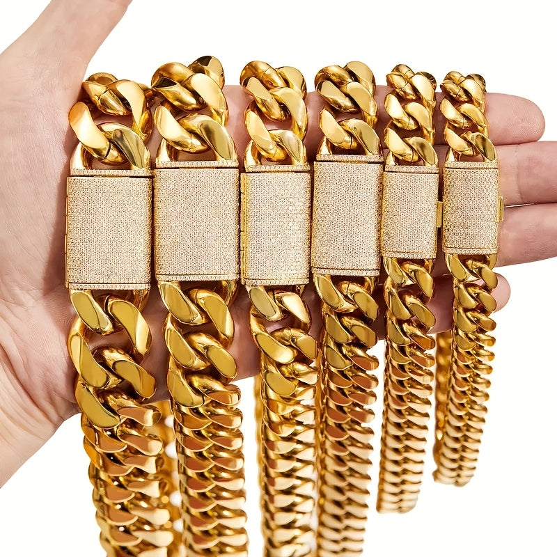 Two 12mm Trendy Bracelets And Necklaces Set, Hip-hop Jewelry, 18K Gold Plated-plated 316L Stainless Steel, Sturdy And Durable Men's Gift
