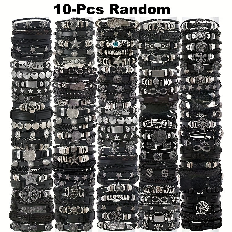 Random10/20/30pcs Punk Hip Hop Style Multi-layer Bracelet Set - Stainless Steel Skull, Cross & Star Elements, Vintage Black with Infinity Symbol, Chic Metal Dots Design, Creative Gift for Teens On Halloween, Thanksgiving, Father's Day & Graduation