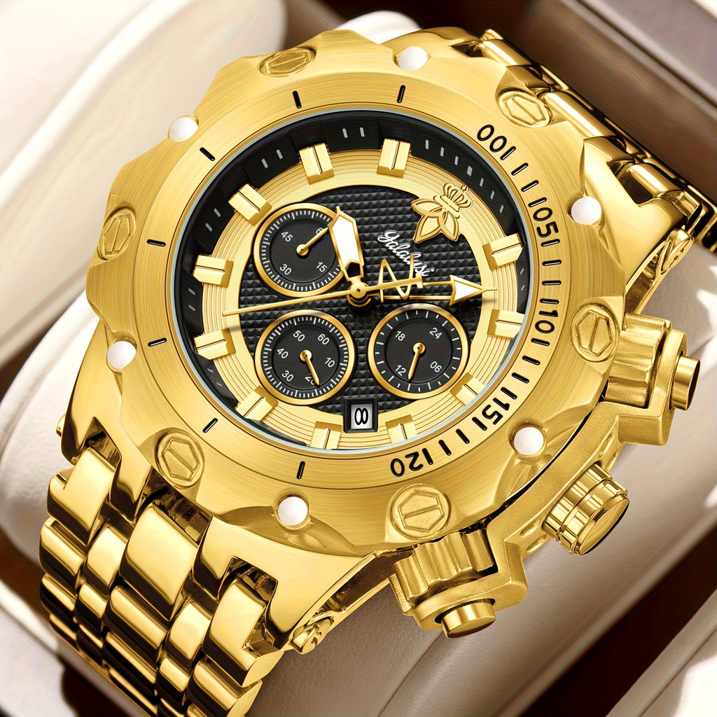YaLaLuSi Brand 1pc Men's Multifunctional Luxury Quartz Watch Golden Strap with Atmospheric Dial Bully Color Scheme Eye-catching Eye-catching Chronograph Sub-Dial Practical Gift Box Strap Remover for Men Loved Ones Father Gift
