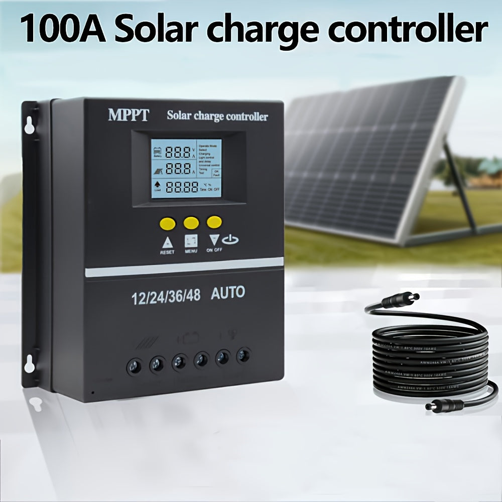 100A MPPT Solar Charge Controller with LCD Display, Auto Tracking, Compatible with Lead-Acid Batteries, Ternary Lithium Batteries, Lithium Iron Phosphate Batteries, Suitable for Off-Grid Solar Systems, Rvs, Ships, Without Battery