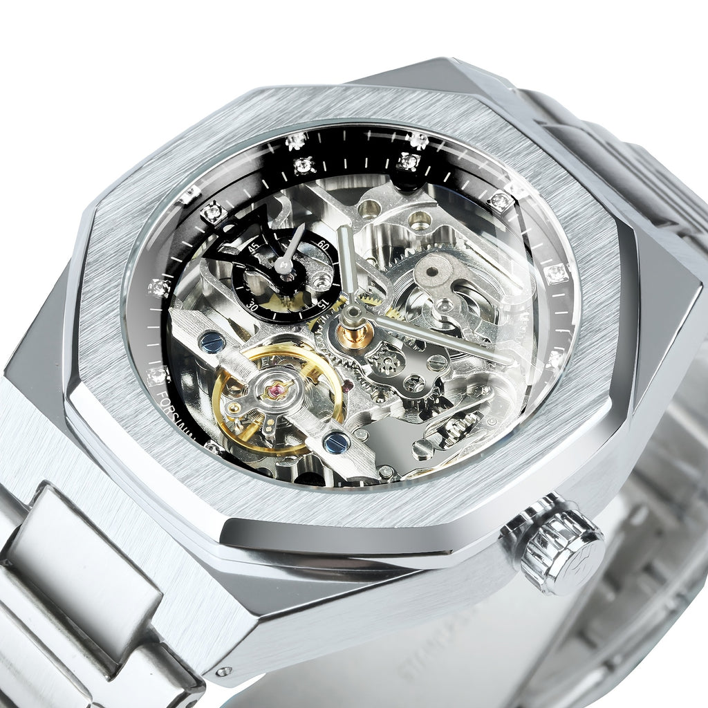 1pc FORSINING Men's Luxury Mechanical Watch - Skeleton Tourbillon, Luminous Hands, Stainless Steel Band, Irregular Case, Fashion Casual Style, Ideal for Christmas, Father's Day Gift, Luxury Business Watch | Automatic Watch | Without Battery