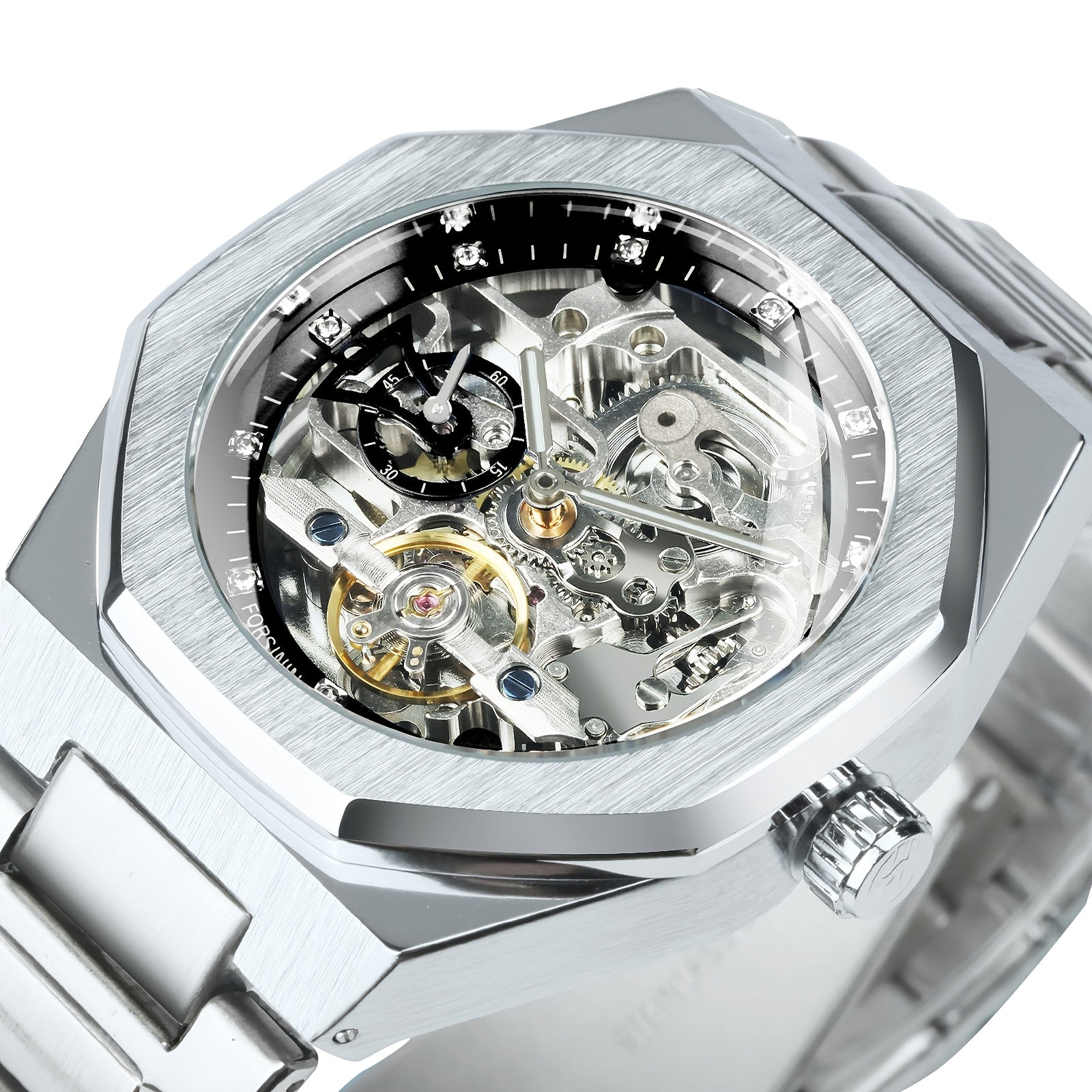 1pc FORSINING Men's Luxury Mechanical Watch - Skeleton Tourbillon, Luminous Hands, Stainless Steel Band, Irregular Case, Fashion Casual Style, Ideal for Christmas, Father's Day Gift, Luxury Business Watch | Automatic Watch | Without Battery