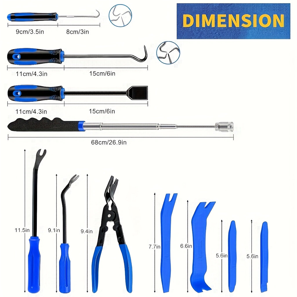 17pcs Professional Auto Trim Removal Tool Kit - with Picks, Pry Tools, Metal Scraper & Magnetic Telescopic Pickup for Car Dash, Panel, Bicycle Maintenance