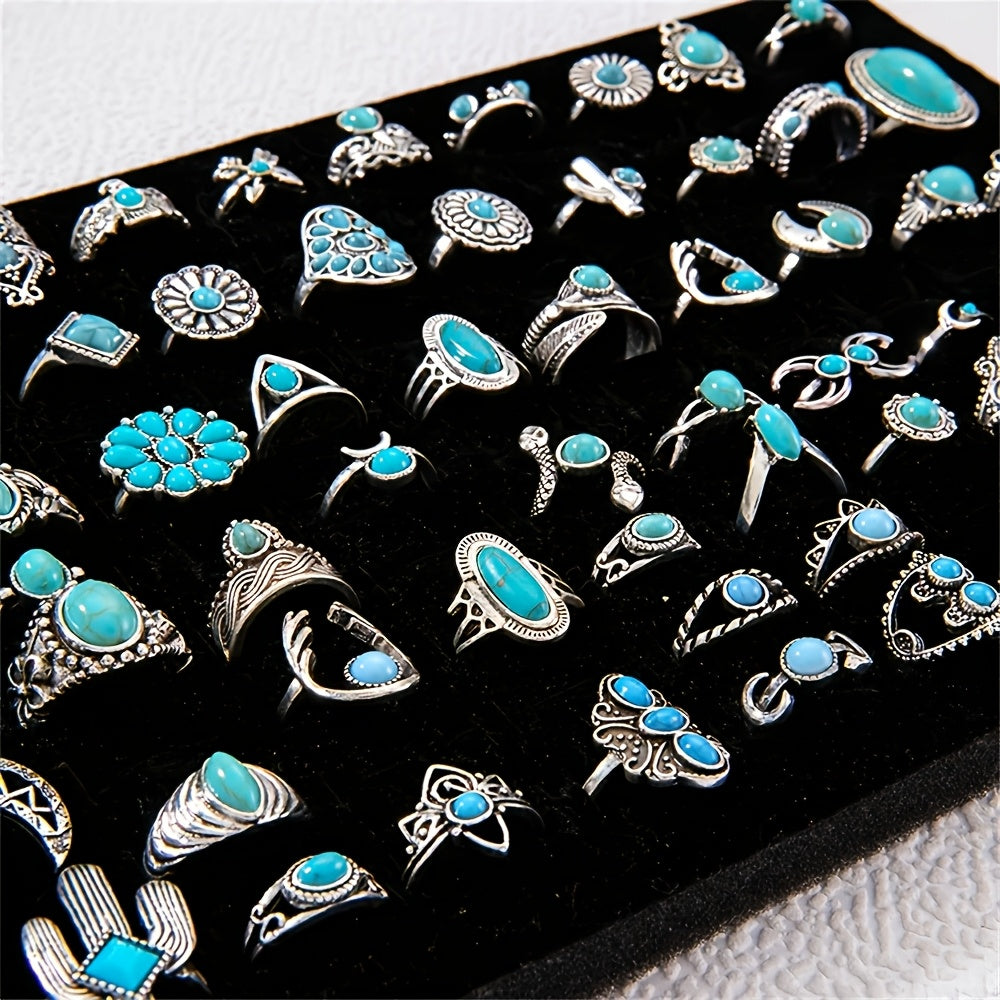 [Holiday Parties, Festive Gifts] Random Selection of 28 Vintage Bohemian Ring Sets, Turquoise Ring Sets, Stackable Ring Sets Featuring Geometric Heart And Butterfly Designs. Suitable for Ladies' Everyday Wear, Holiday Parties, And Festive Gifts