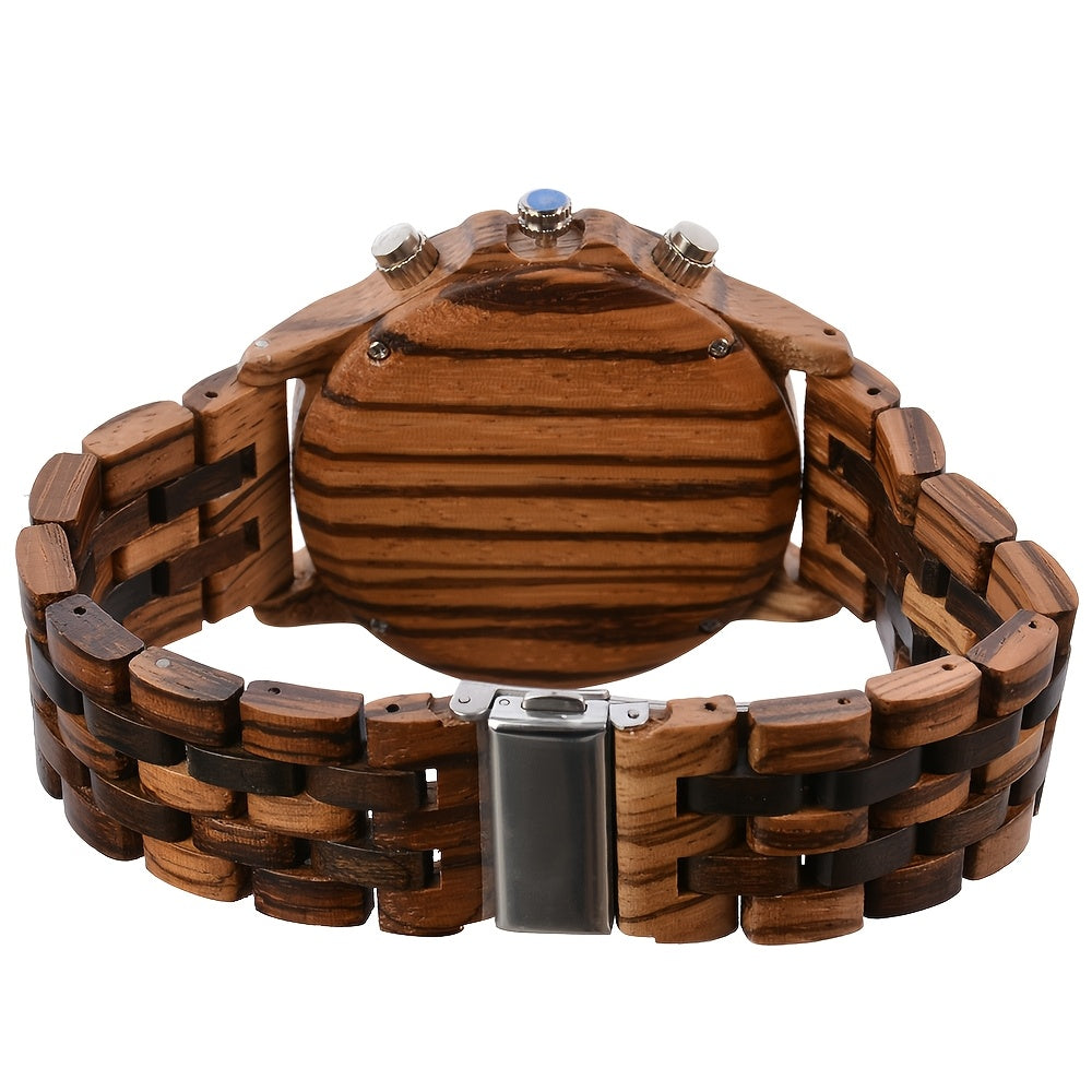 Luxury Multifunctional Men's Wooden Quartz Watch, Week, Calendar, Timer, Fashion Wooden Clock Gift