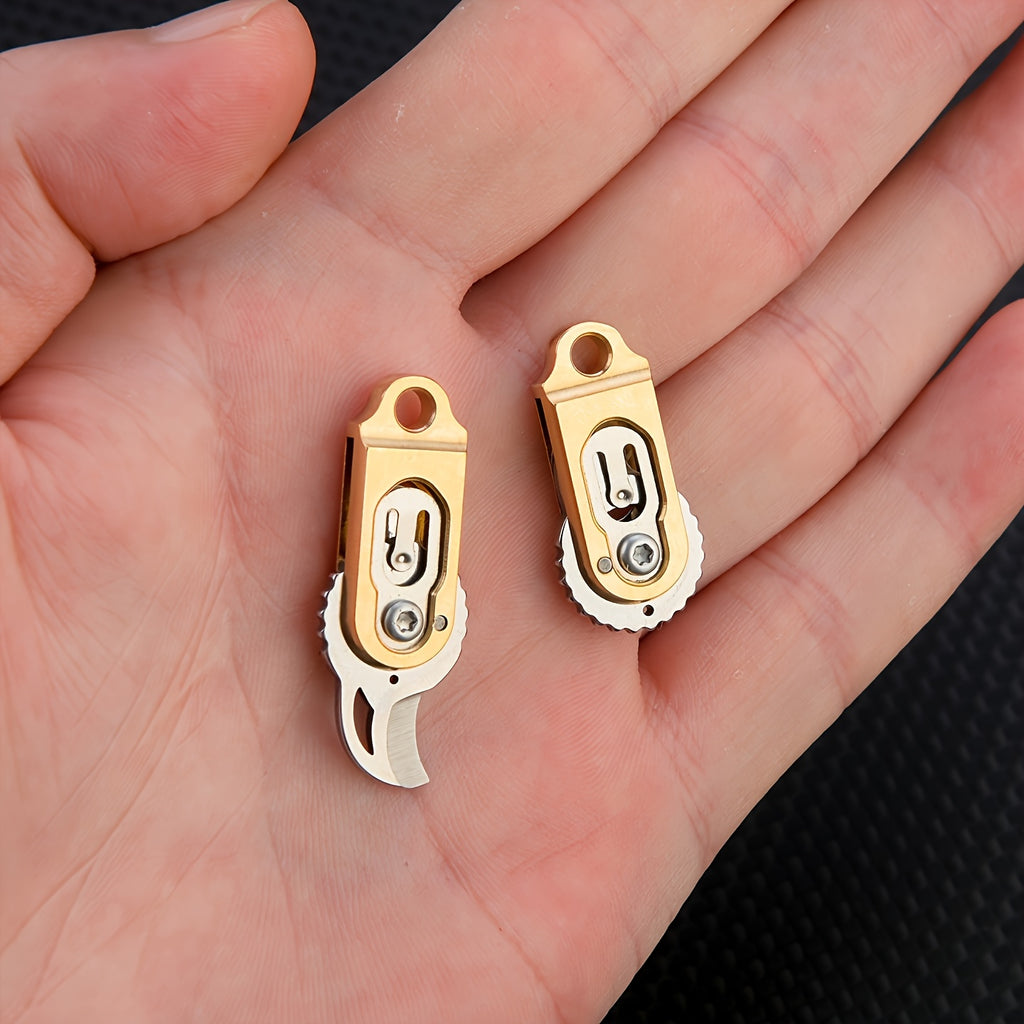 Brass Mini Keychain - Foldable Thumb Stud Design with Drop Point Blade & V-Grind Edge, Anti-Stain Compact Pocket Tool for Outdoor Camping, Hiking, Everyday Carry, Camping Additions, Durable Construction, Utility Blade, Hikers And Campers