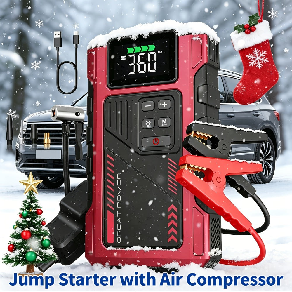 [Portable Jump Starter] 9-in-1 Portable Jump Starter with Air Compressor, Jump Starter for Car, Battery Jump Starter Portable, Car Battery Charger Portable For12V(8.0LGas/6.5L Diesel) Start The Car Quickly, USB Input/output, LED Emergency, Car Accessories