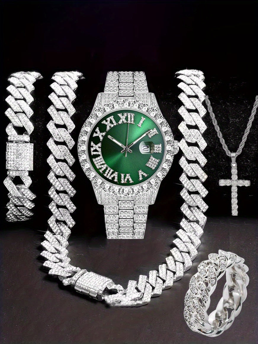 Men'S Hip Hop Set: Trendy Watch, Cuban Chain Pendant Necklace And Bracelet Combo, Stylish Men'S Additions Gift for Christmas, Birthday, Valentine'S Day, And Father'S Day