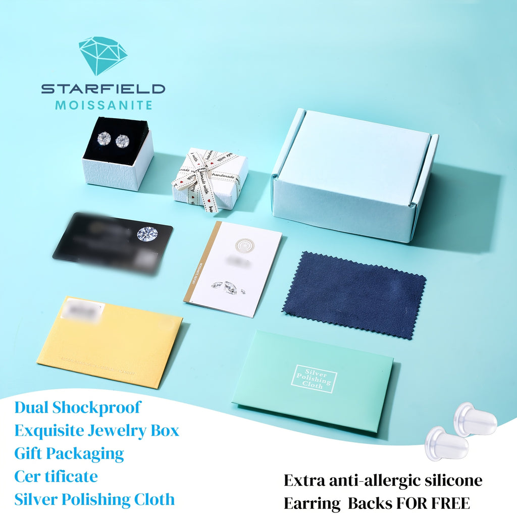 Exquisite Moissanite Stud Earrings, D Color VVS, Brilliant Round Cut, S925 Sterling Silver, Perfect Jewelry Gift For Birthday, Christmas, Valentine'S Day, With Velvet Pouch, Silvery Polishing Cloth & Ear Backs. Total Weight Of The Product (4.25g)