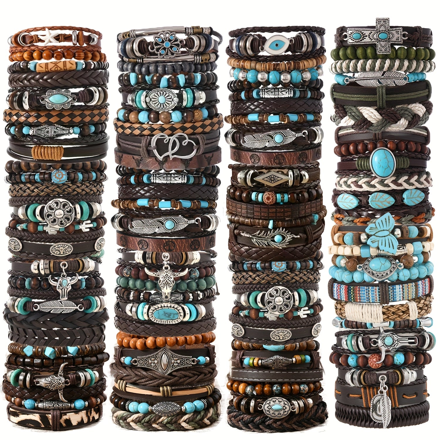12/32/48pcs Mix Random Style Bohemian Vintage Western Pu Leather & Turquoise Beaded Bracelet Set, Multilayer Woven Faux Leather Bangle with Feather & Floral Charms, Unisex Fashion Jewelry for Women Men Daily Wear